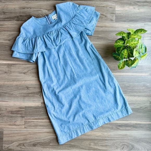 J.Crew Edie Chambray Ruffle Shift Cotton Yoke Dress –With Pockets - Size 4 - Picture 2 of 15